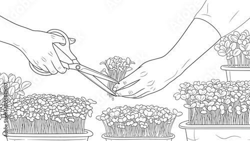 Hand-drawn sketch captures the process of harvesting fresh green microgreens with scissors from an indoor garden tray on a white background.