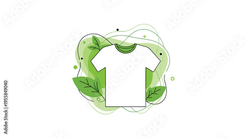 Clean white t-shirt design is centered on an abstract green background with leaves symbolizing eco-friendly and sustainable fashion choices.