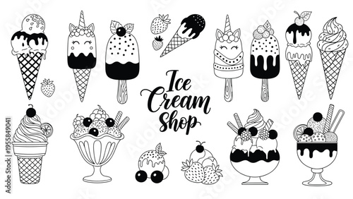 Hand-drawn ice cream treats including cones and popsicles are decorated with unicorns and fresh berries for a sweet summer theme.