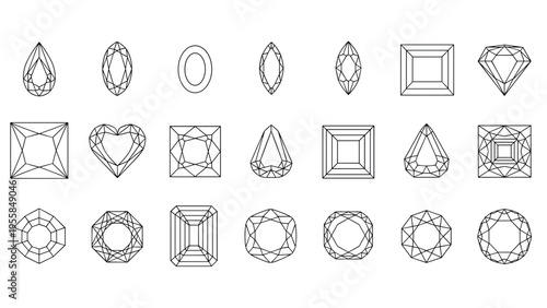 Precise collection of gemstone and diamond cut patterns is displayed in a clean line art style showing various geometric shapes for jewelry.