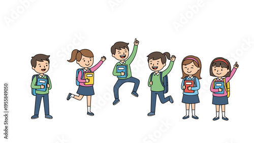 Six happy school children in uniforms jump and wave with excitement while holding their colorful books and backpacks on a white background.