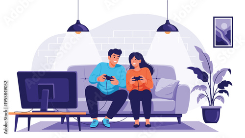 Young happy couple sits on a purple sofa in a cozy living room while playing competitive video games on a large television screen.
