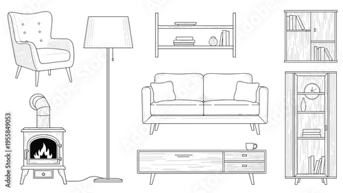 Modern selection of home furniture line drawings includes an armchair and sofa with a stylish floor lamp and fireplace in a sketch style.