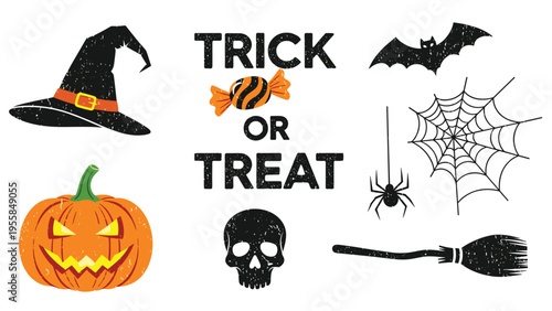 Spooky Halloween collection features a jack-o-lantern and witch hat with a skull and bat for festive trick or treat decorations.