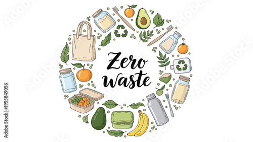 Circular arrangement of zero waste icons features reusable bags and glass jars with fresh produce and bamboo toothbrushes for eco living.
