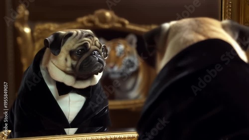 Pug in tuxedo looks at tiger reflection