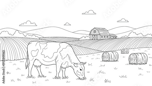 Peaceful rural landscape features a cow grazing in a meadow with hay bales and a farm barn nestled in the rolling green hills.