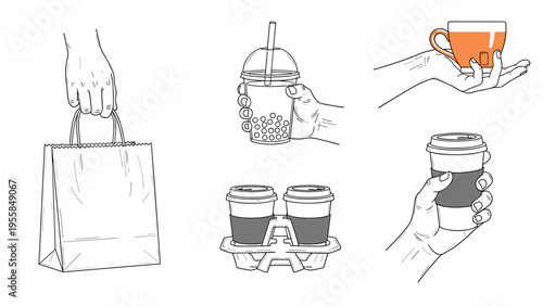 Hands hold various takeaway items including a paper bag and bubble tea with coffee cups and a hot tea mug for a catering concept.