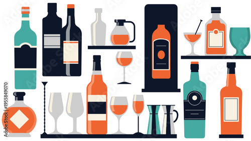 Flat design collection of bar essentials features various alcoholic drink bottles with glassware and mixing tools on professional shelves.