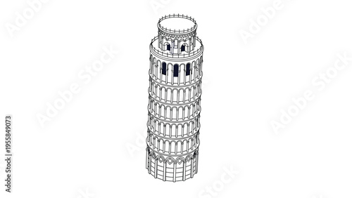 Detailed architectural sketch of the Leaning Tower of Pisa is presented in a clean black and white line art style for travel themes.