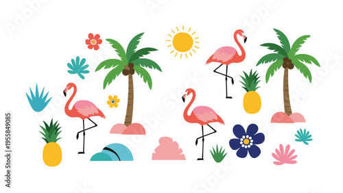 Tropical summer elements set includes pink flamingos and palm trees with pineapples and exotic flowers for a bright vacation design.