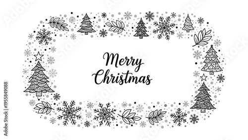 Festive merry Christmas card features an oval frame of hand-drawn evergreen trees and snowflakes surrounding elegant holiday text.