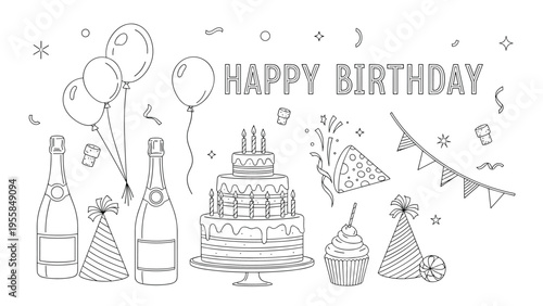 Set of birthday party elements including cake with candles, balloons, champagne bottles, and party hats in line art style for celebration designs.