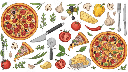 Comprehensive collection of pizza ingredients featuring whole pizzas, slices, tomatoes, mushrooms, cheese, and herbs for restaurant menu design.
