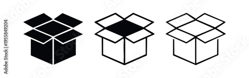 Hand Drawn Open Product Box Icon Set. Black and White Doodle Style Delivery, Unboxing, and Gift Package Symbols.