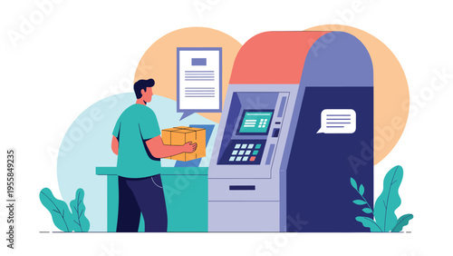 Man dropping off or picking up a cardboard box at a modern automated parcel locker station for delivery services and e-commerce logistics.