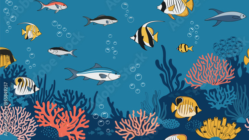 Colorful undersea world scene with tropical fish swimming among vibrant coral reefs and bubbles in the blue ocean for maritime background.