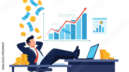 Successful businessman relaxing at his desk with feet up while money falls and a growth chart shows profit increase for financial success theme.