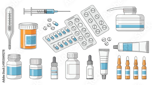 Large collection of medical supplies including pills, syringes, thermometer, bottles, and tubes for healthcare, pharmacy, and clinic use.