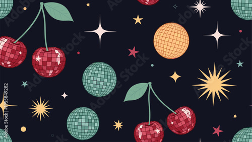 Festive disco party pattern with mirror balls, cherries, and stars on a dark background for celebration designs and nightlife event flyers.