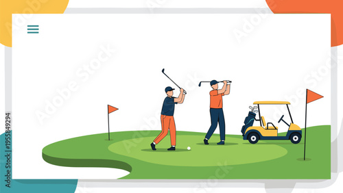 Two men playing golf on a green course with a golf cart, flags, and white ball during a sunny day for sports and leisure lifestyle concepts.