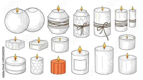 Set of various decorative wax candles in different shapes and holders in a detailed hand drawn engraving style for home decor and spa themes.