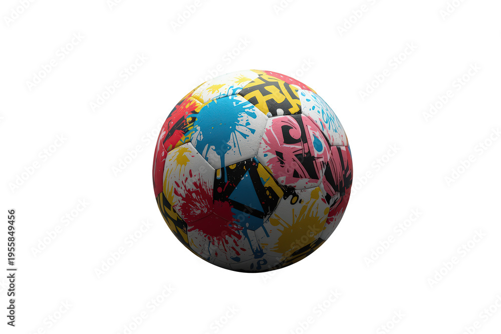Obraz premium Soccer ball featuring vibrant paint splatters and bold graffiti patterns, capturing a dynamic blend of sports and artistic expression