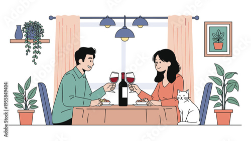 Happy couple enjoying a romantic dinner with wine at home while their white cat sits nearby in a cozy atmosphere.
