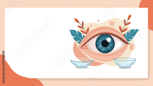 Medical illustration of a human eye with contact lenses and decorative leaves on a soft pastel background frame.