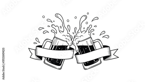 Vintage black and white engraving style sketch of two beer mugs clinking together for a toast with decorative ribbons.