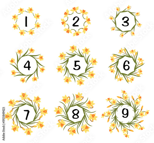 Narcissus wreath with numbers from 1 to 9. For calendars, planners, wedding designs, invitations and seasonal branding.