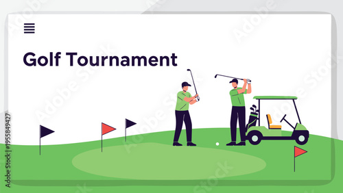 Professional golfers participating in championship on green course with equipment and golf cart on sunny day for sports promotion.