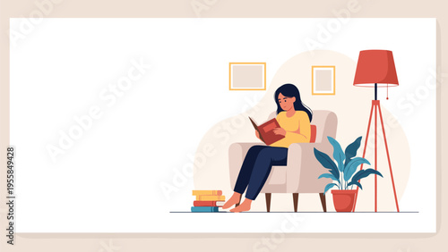 Young woman relaxing in cozy armchair reading book in comfortable living room interior with green plant and floor lamp for leisure.