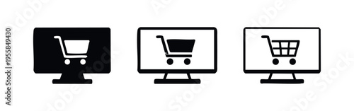 Online Shopping on Computer Monitor Icons, E-commerce and Retail Technology Vector Set
