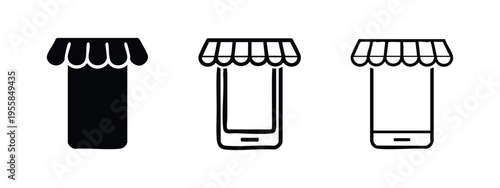 Mobile Shopping Storefront Icons Set, Smartphone with Awning Vector Symbols