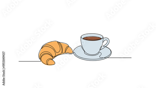 Continuous one line drawing of fresh croissant and cup of coffee on saucer representing simple breakfast or cafe morning routine.