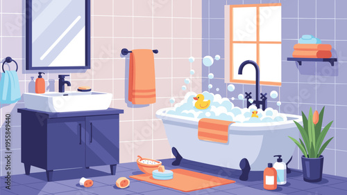 Modern bathroom interior design with ceramic bathtub filled with soap bubbles and rubber ducks next to vanity sink and mirror.