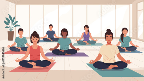 Group of diverse people practicing meditation and mindfulness in bright yoga studio with large windows and indoor potted plants.