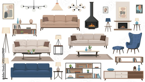 Collection of modern living room furniture items including sofas and armchairs with tables and lamps for contemporary home interior.