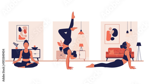 Group of women practicing various yoga poses in studio interior including meditation and handstand and upward facing dog positions.