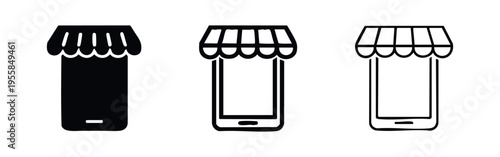 Striped Awning Mobile Shop Icons, Smartphone Online Retail Store Vector