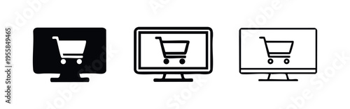 Desktop Monitor with Shopping Cart Icons, Online Retail and E-commerce Vector Set