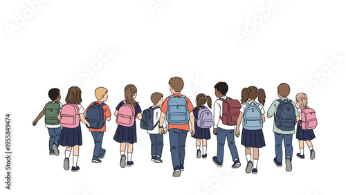Group of diverse school children seen from behind walking together with backpacks for educational trip or back to school season.
