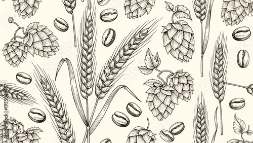 Seamless pattern of hand drawn botanical sketches featuring wheat stalks hop cones and coffee beans on an off white background for fabric or wallpaper.