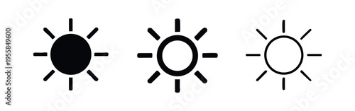 Simple sun icon set with rays, weather forecast and brightness symbols