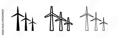 Wind Farm Icon Set with Multiple Turbines in Filled and Outline Styles for Sustainable Energy