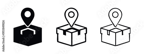 Hexagonal delivery package with map pin location icon set.