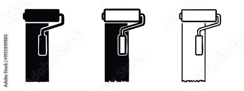 Paint roller painting a wall icon set, showing solid and outline variations of the tool and painted surface.