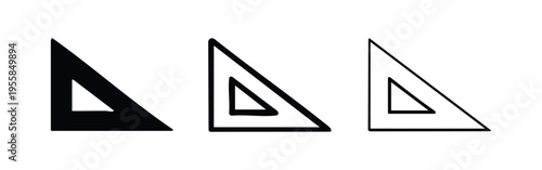 Set square or triangle ruler icon set in solid, thick outline, and thin outline styles for geometry and drafting.