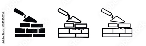 Trowel Laying Bricks Icon Set, depicting masonry construction work and building a wall in vector styles